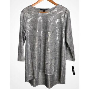 Zac & Rachel Metallic Silver Tunic Top 3/4 Sleeve Round Neck NWT Medium